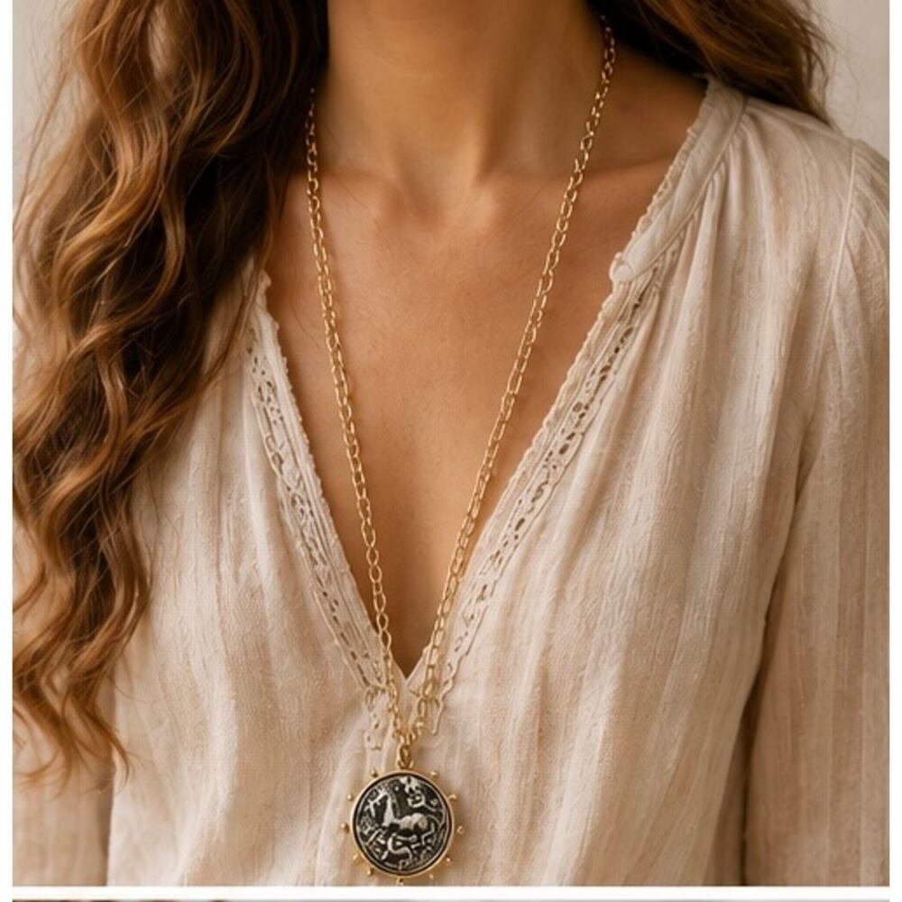 Equestrian Inspired Coin Pendant Necklace – 30” Adjustable Layering Chain - Picture 3 of 11